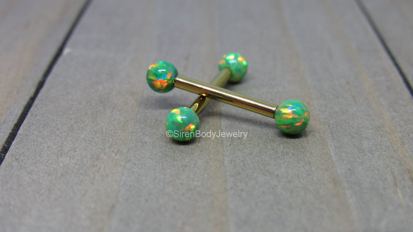 Green opal nipple piercing set 14g titanium internally threaded pink opals straight barbells - SirenBodyJewelry
