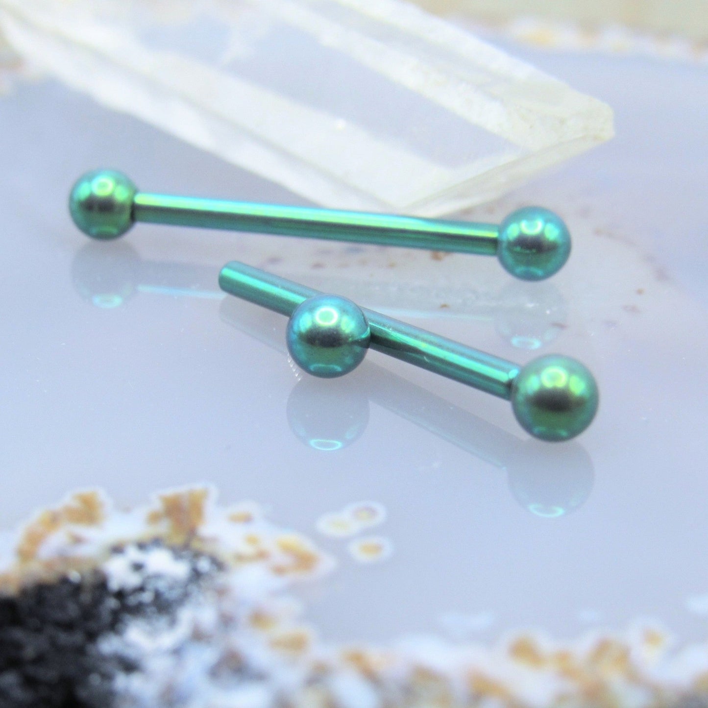 Green titanium nipple jewelry set 16g 5/8" internally threaded 3mm ball end straight barbells - Siren Body Jewelry