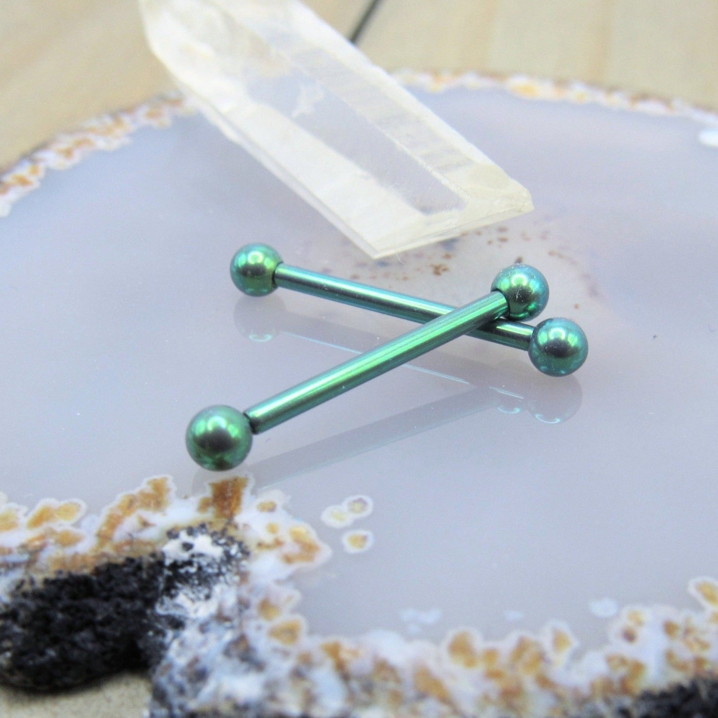 Green titanium nipple jewelry set 16g 5/8" internally threaded 3mm ball end straight barbells - Siren Body Jewelry