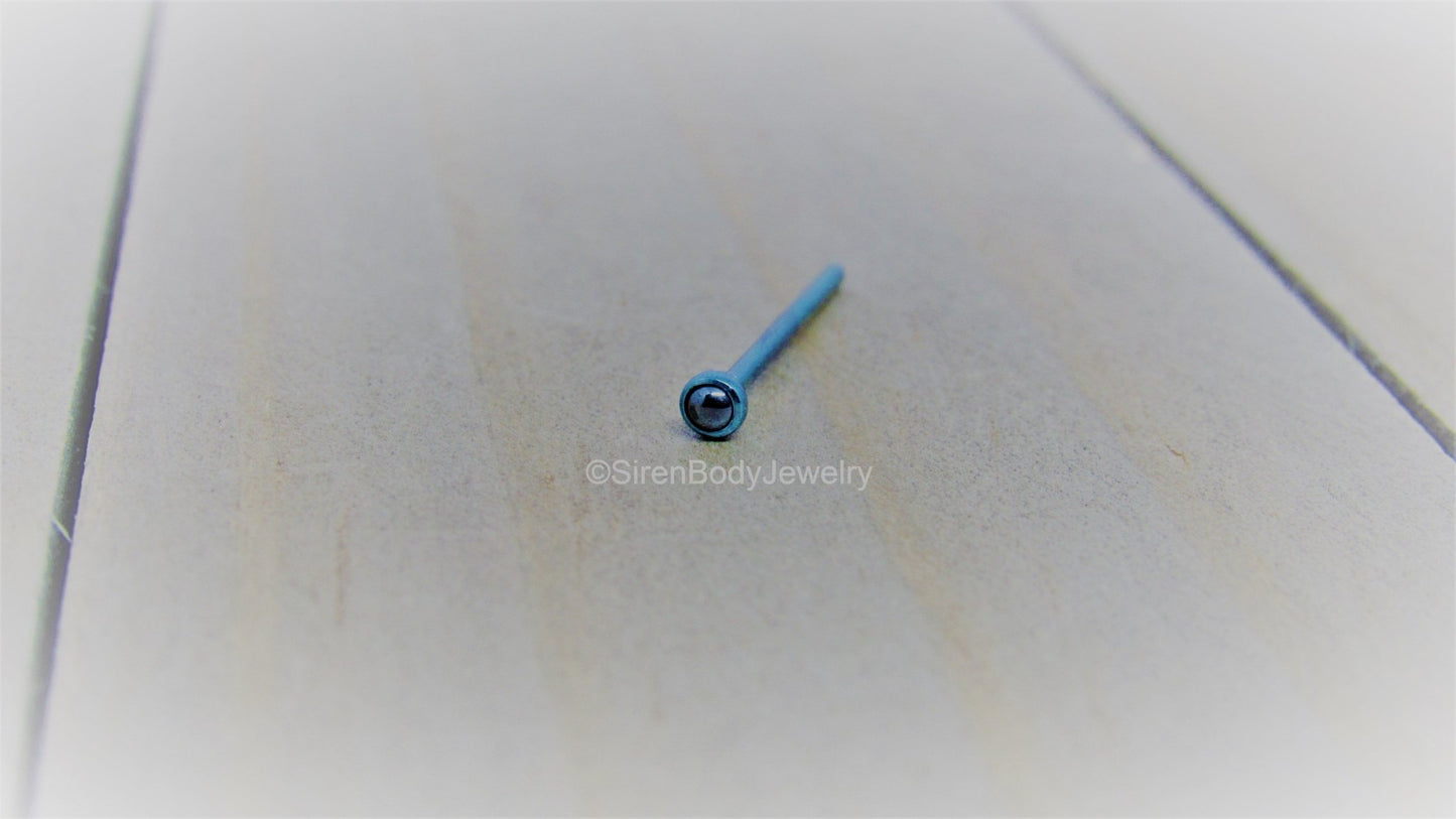 Hematite nose ring 18g titanium nostril stud 2.3mm bezel set cabochon - SirenBodyJewelry