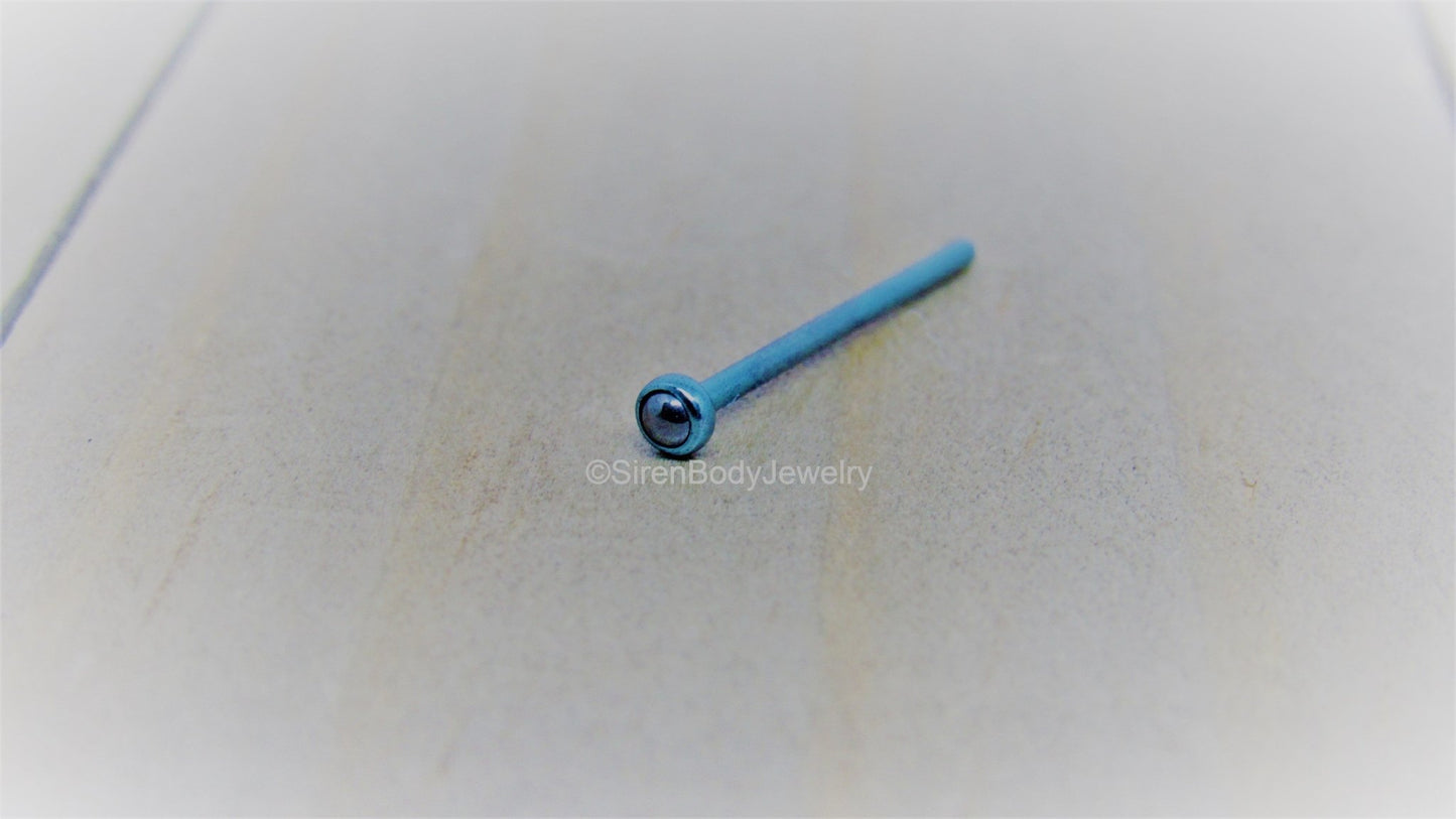 Hematite nose ring 18g titanium nostril stud 2.3mm bezel set cabochon - SirenBodyJewelry