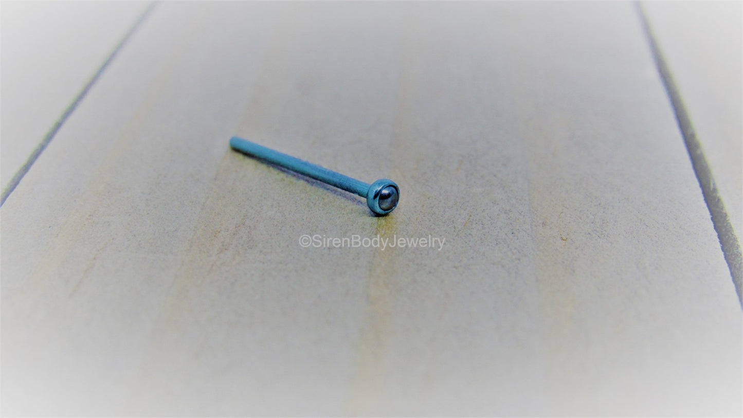 Hematite nose ring 18g titanium nostril stud 2.3mm bezel set cabochon - SirenBodyJewelry