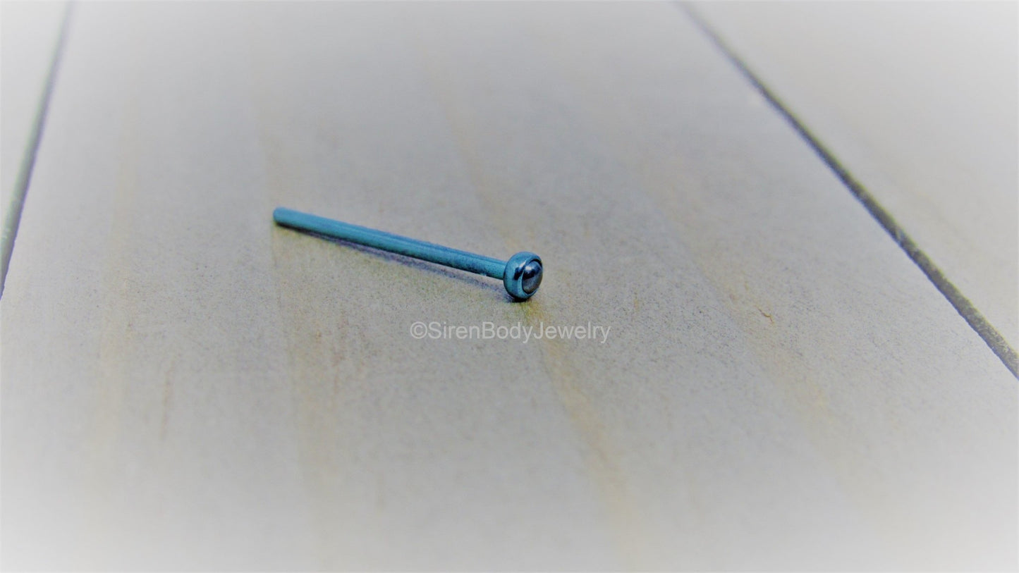 Hematite nose ring 18g titanium nostril stud 2.3mm bezel set cabochon - SirenBodyJewelry