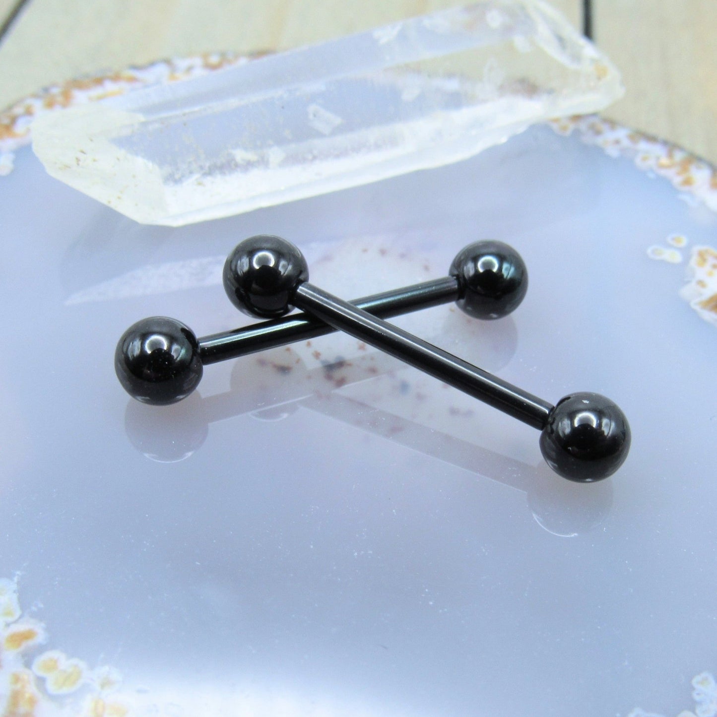 Nipple piercing jewelry set black titanium 14g 5/8" straight barbell pair 5mm ball ends - Siren Body Jewelry