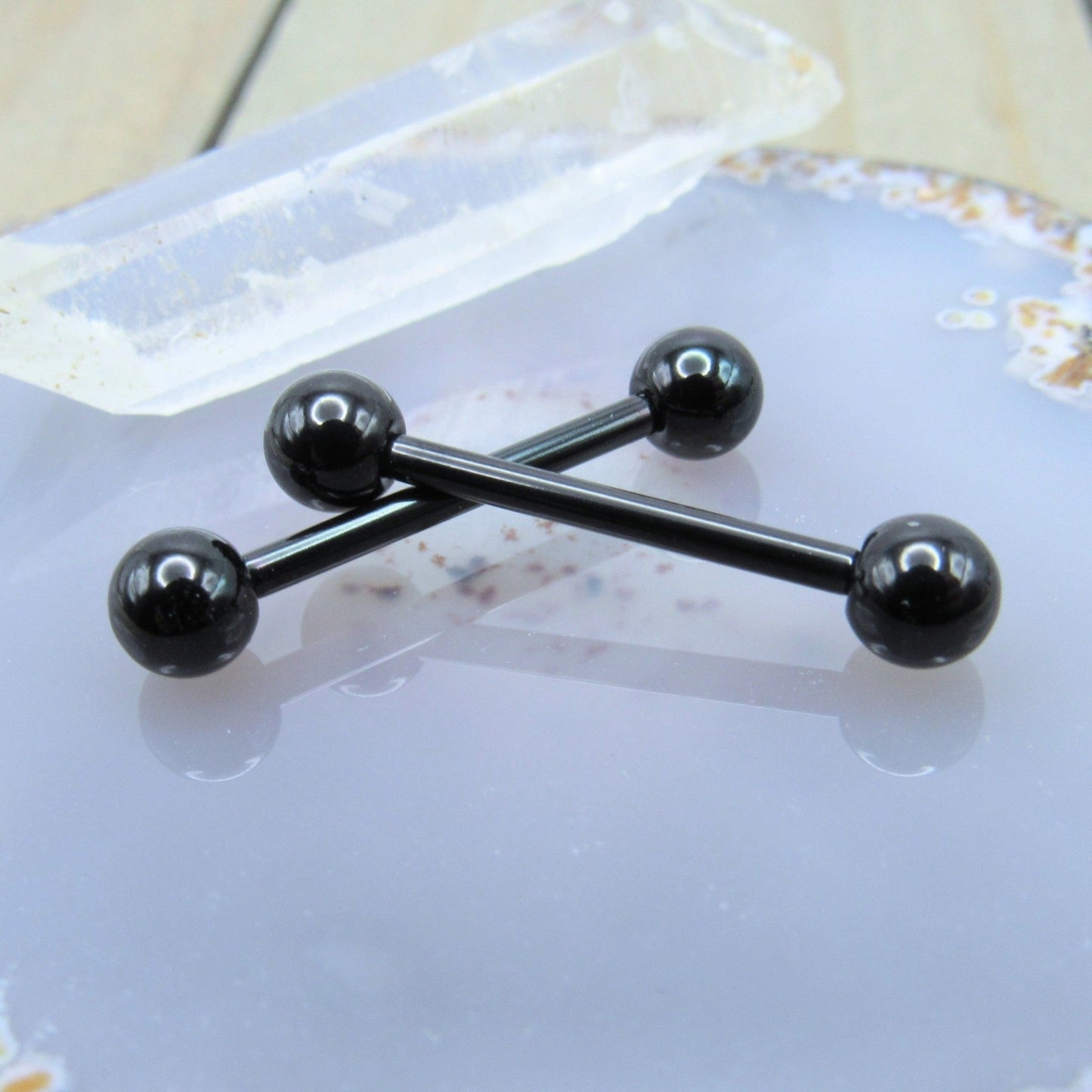 Nipple piercing jewelry set black titanium 14g 5/8" straight barbell pair 5mm ball ends - Siren Body Jewelry