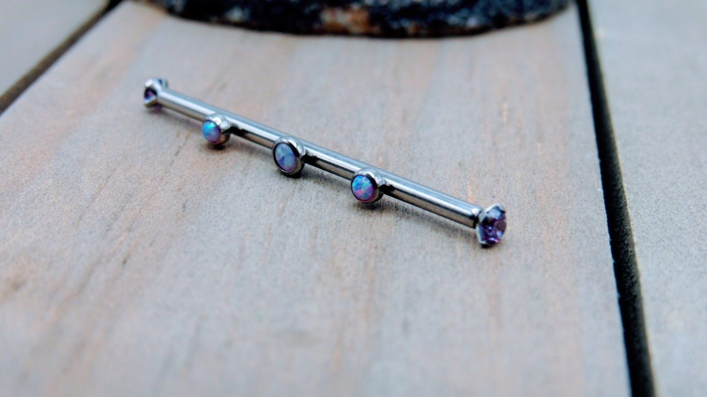 Opal industrial barbell 14g purple opals scaffold piercing barbells titanium internally threaded prong set straight ear bars silver lavender - Siren Body Jewelry