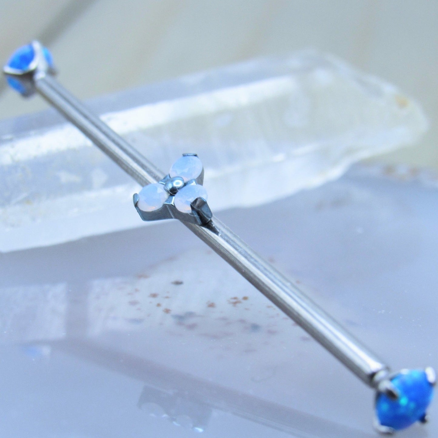 Opalite gemstone custom titanium industrial ear piercing barbell 14g 1 1/2" - Siren Body Jewelry