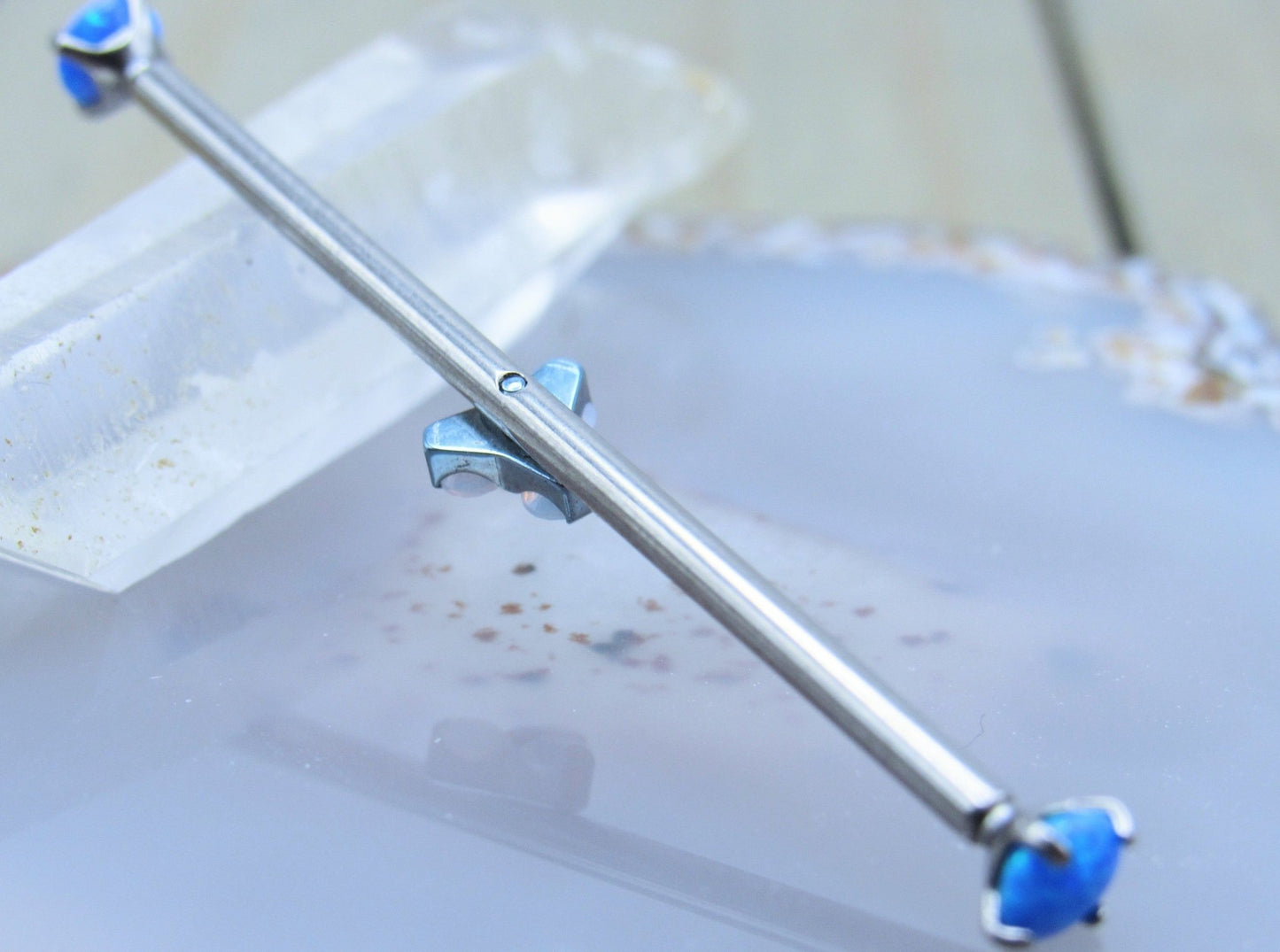 Opalite gemstone custom titanium industrial ear piercing barbell 14g 1 1/2" - Siren Body Jewelry