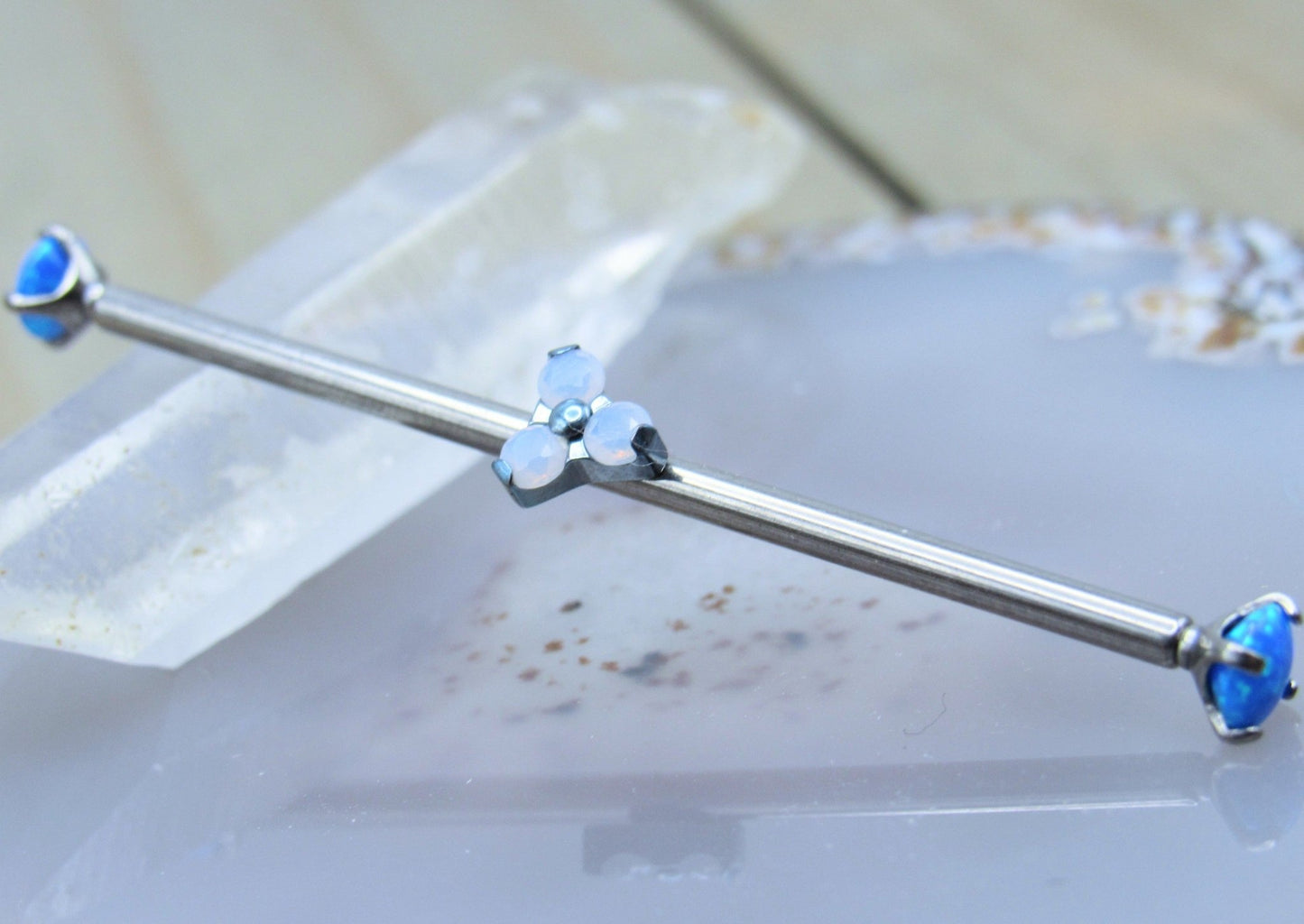 Opalite gemstone custom titanium industrial ear piercing barbell 14g 1 1/2" - Siren Body Jewelry