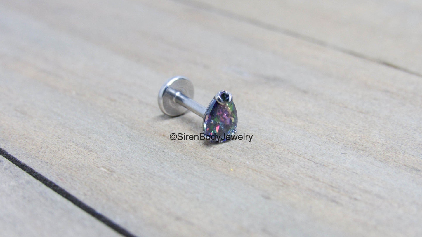 Pear gemstone titanium flat back labret teardrop 16g internally threaded conch cartilage philtrum stud - SirenBodyJewelry