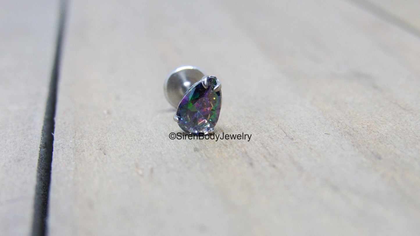 Pear gemstone titanium flat back labret teardrop 16g internally threaded conch cartilage philtrum stud - SirenBodyJewelry