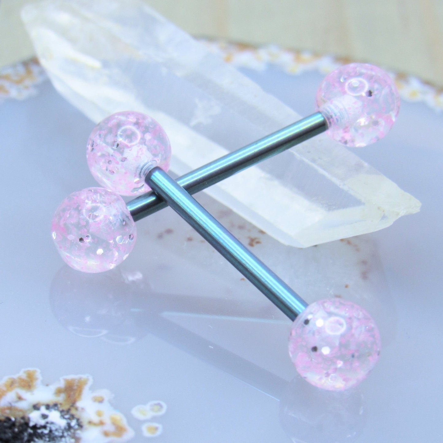 Pink glitter ball titanium nipple piercing set 14g 5/8" length straight externally threaded barbells - Siren Body Jewelry