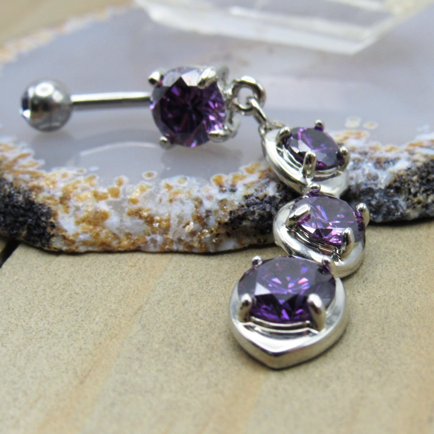 Purple dangle belly button piercing ring 14g 3/8" cascading prong set gemstones silver 316L stainless steel - Siren Body Jewelry