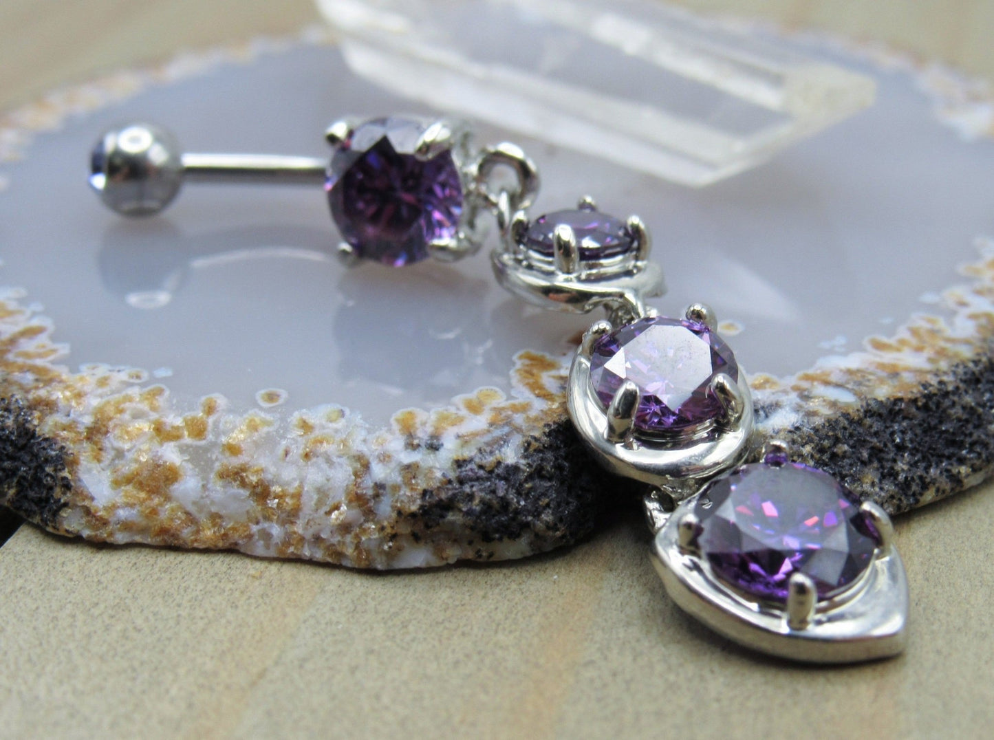 Purple dangle belly button piercing ring 14g 3/8" cascading prong set gemstones silver 316L stainless steel - Siren Body Jewelry