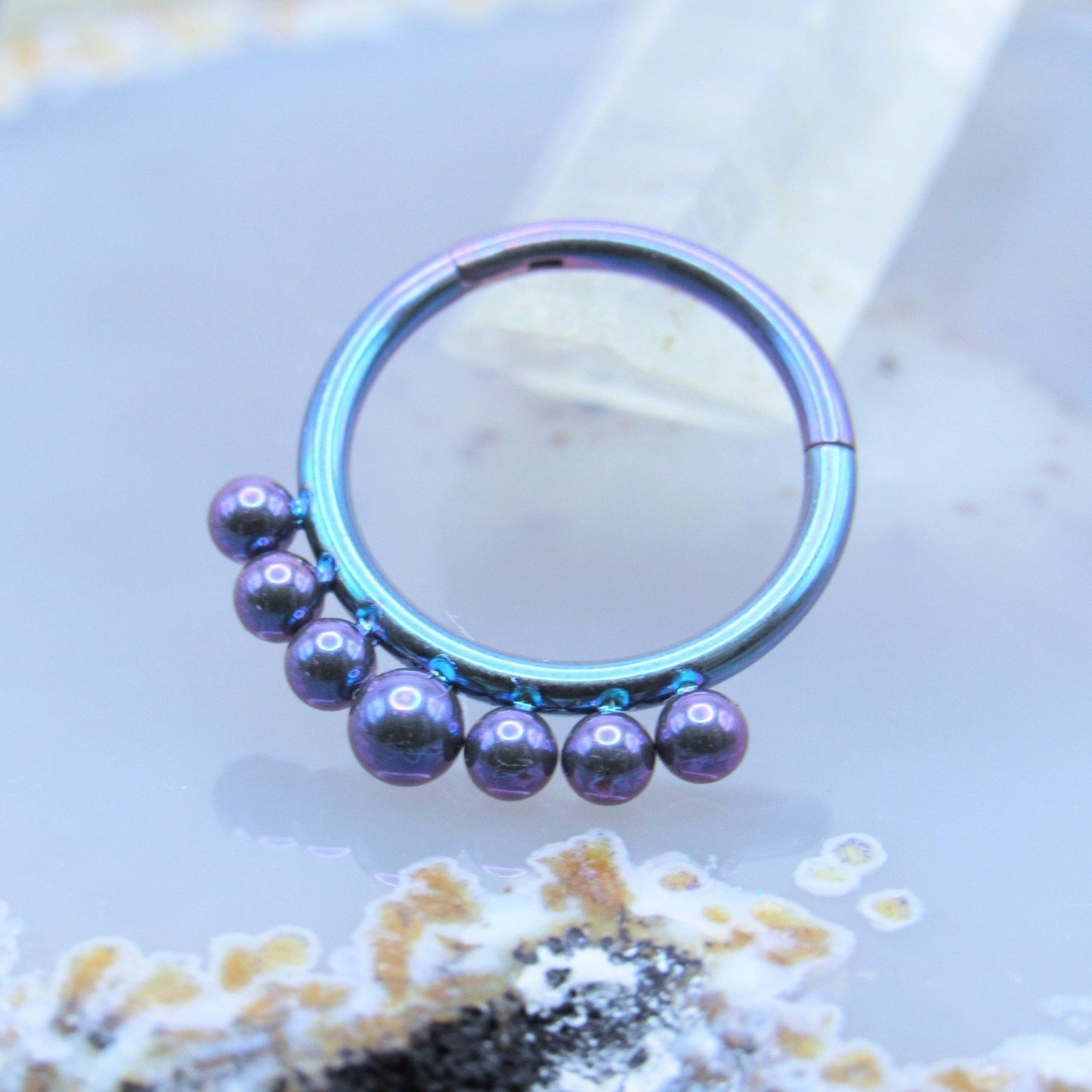 Septum piercing clicker 16g 3/8" beaded drop design purple teal anodized titanium hinge ring - Siren Body Jewelry