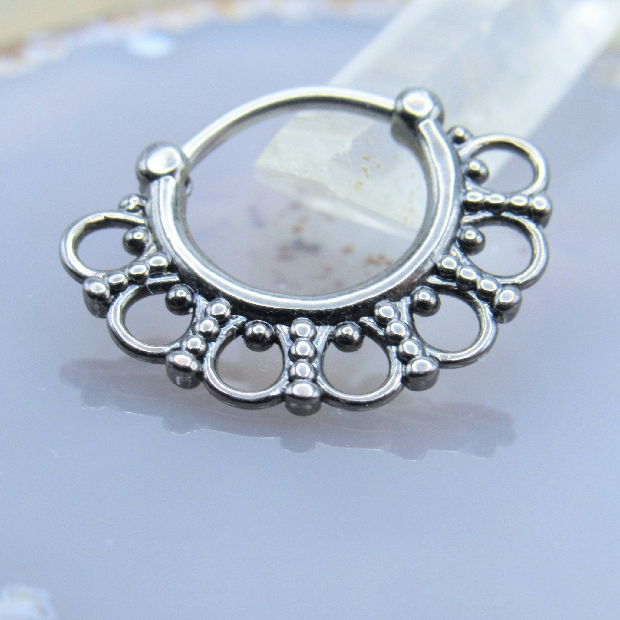 Charcoal grey filigree design hinged hoop earring ear septum jewelry