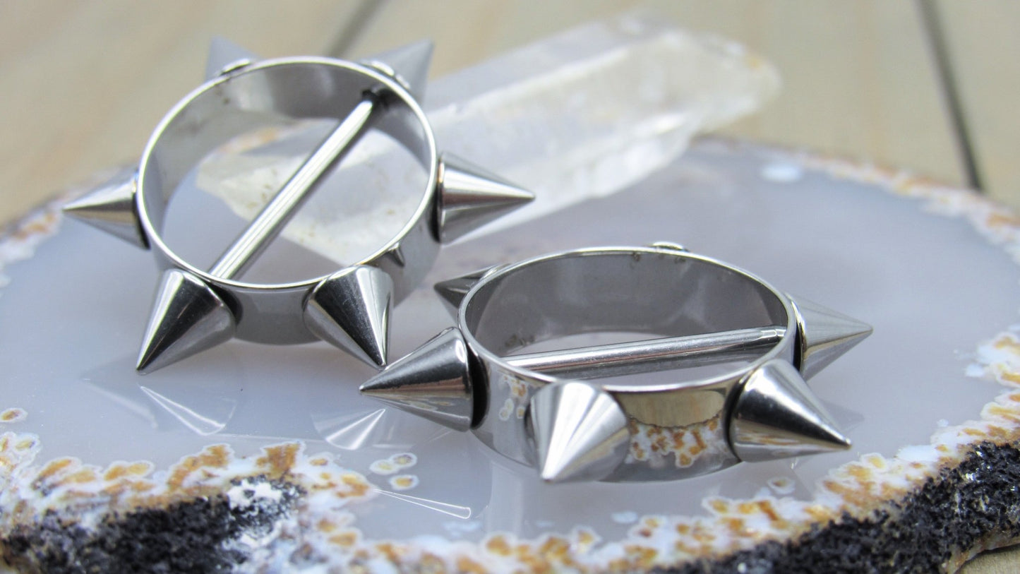 Silver spikes nipple piercing shield set 14g silver 316L stainless steel straight externally threaded bars - Siren Body Jewelry