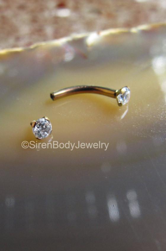 Titanium curved barbell 16g rook vertical labret bar internally threaded 3mm prong Swarvoski gemstones - SirenBodyJewelry