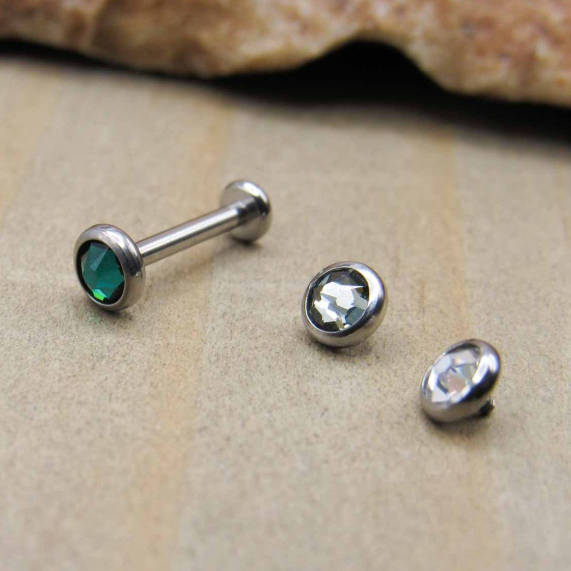 Titanium flat back earring set of 3 gemstone ends 1 internally threaded labret stud helix earrings tragus gems philtrum jewelry conch earlobe - SirenBodyJewelry