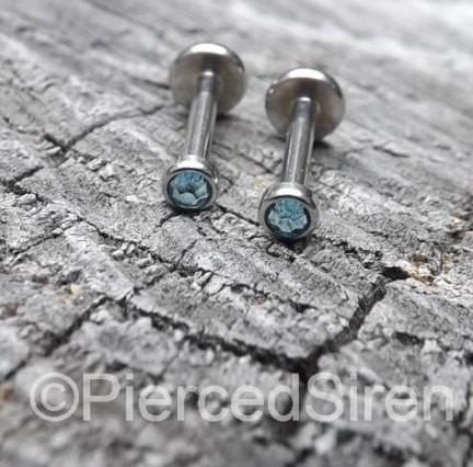 Titanium flat back labret earring 18g-16g internally threaded 2mm Swarovski gemstone pick your length - SirenBodyJewelry