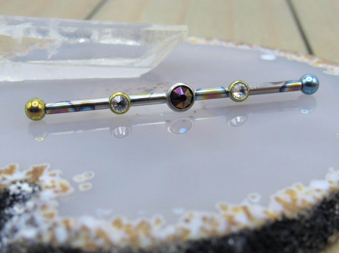 Titanium industrial piercing barbell 14g triple gemstone custom oilslick anodized 1 1/2" length internally threaded scaffold barbell - Siren Body Jewelry