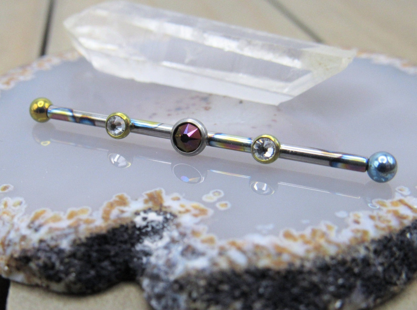 Titanium industrial piercing barbell 14g triple gemstone custom oilslick anodized 1 1/2" length internally threaded scaffold barbell - Siren Body Jewelry