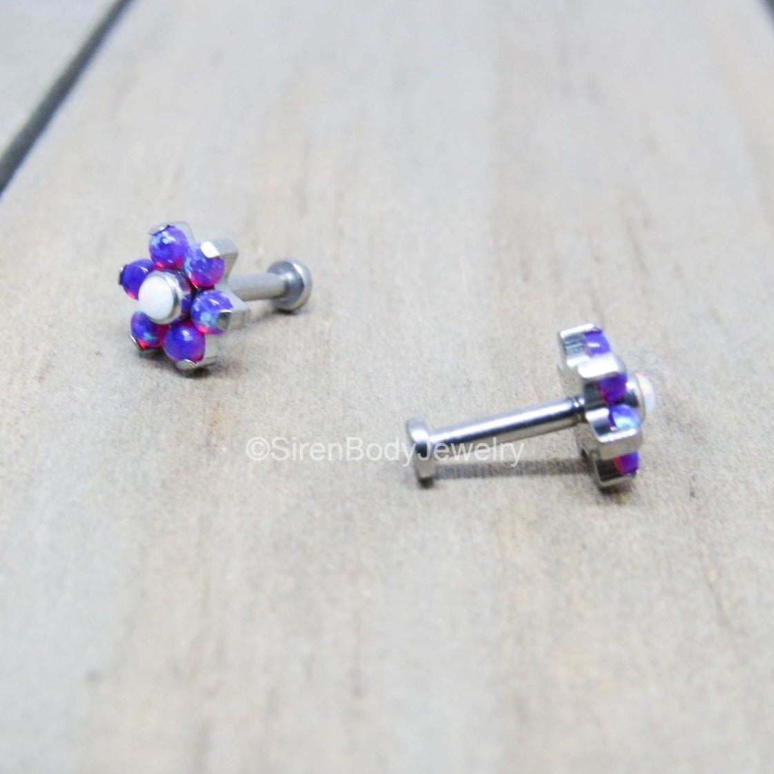 Titanium opal flower 16g labret 1/4" 5/16" 3/8" pick your length helix cartilage conch tragus earlobe lip philtrum flat back earring post - SirenBodyJewelry
