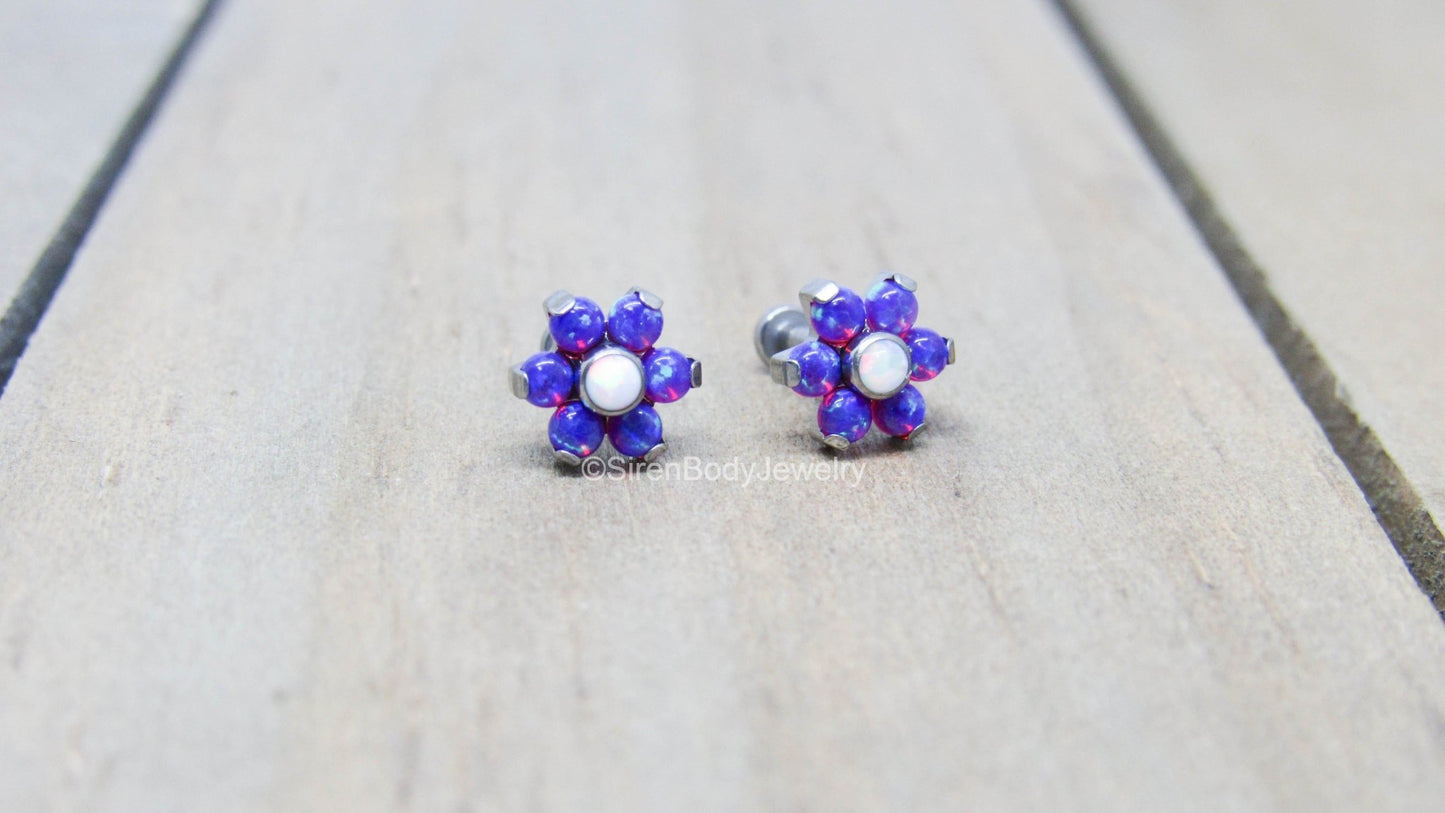 Titanium opal flower 16g labret 1/4" 5/16" 3/8" pick your length helix cartilage conch tragus earlobe lip philtrum flat back earring post - SirenBodyJewelry