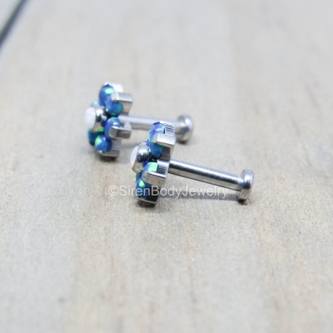 Titanium opal flower 16g labret 1/4" 5/16" 3/8" pick your length helix cartilage conch tragus earlobe lip philtrum flat back earring post - SirenBodyJewelry