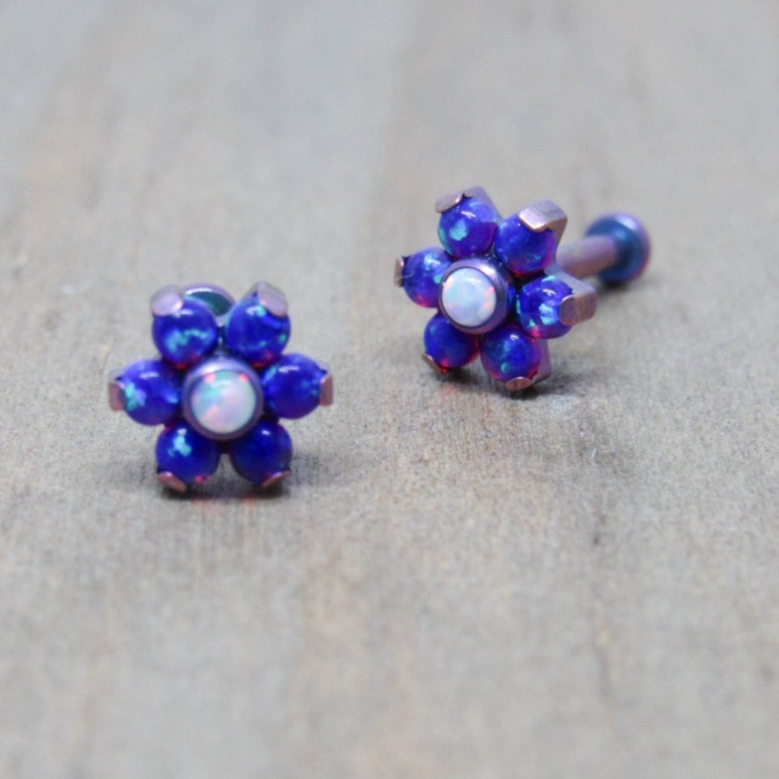 Titanium opal flower 16g labret 1/4" 5/16" 3/8" pick your length helix cartilage conch tragus earlobe lip philtrum flat back earring post - SirenBodyJewelry