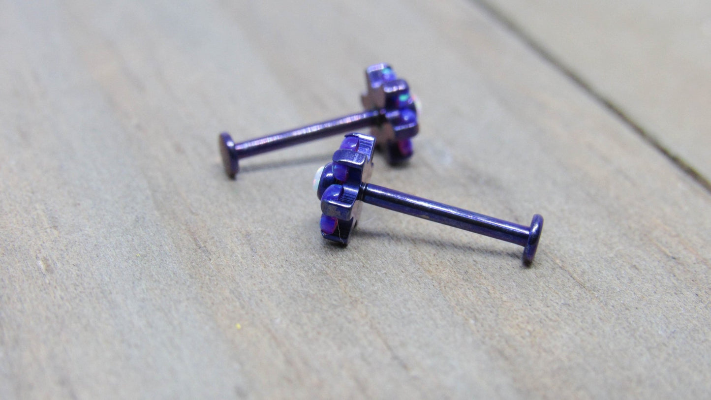 Titanium opal flower 16g labret 1/4" 5/16" 3/8" pick your length helix cartilage conch tragus earlobe lip philtrum flat back earring post - SirenBodyJewelry