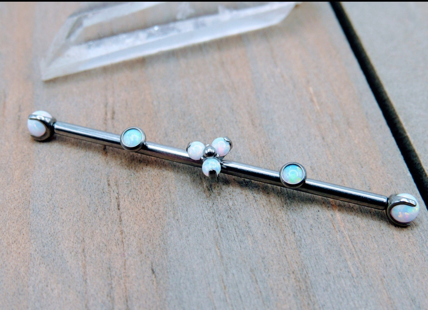 Titanium opal industrial piercing barbell custom made 14g pick your length white opals scaffold piercings jewelry - Siren Body Jewelry