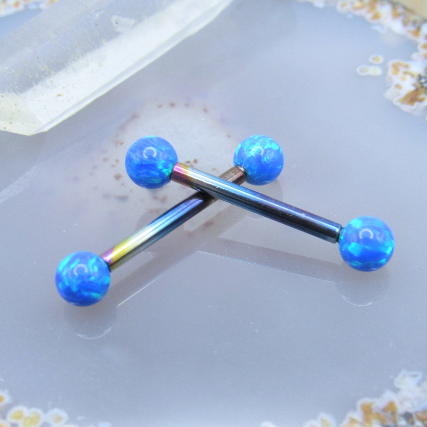 Titanium opal nipple piercing jewelry 14g-12g 4mm blue opal barbell set internally threaded pair - Siren Body Jewelry