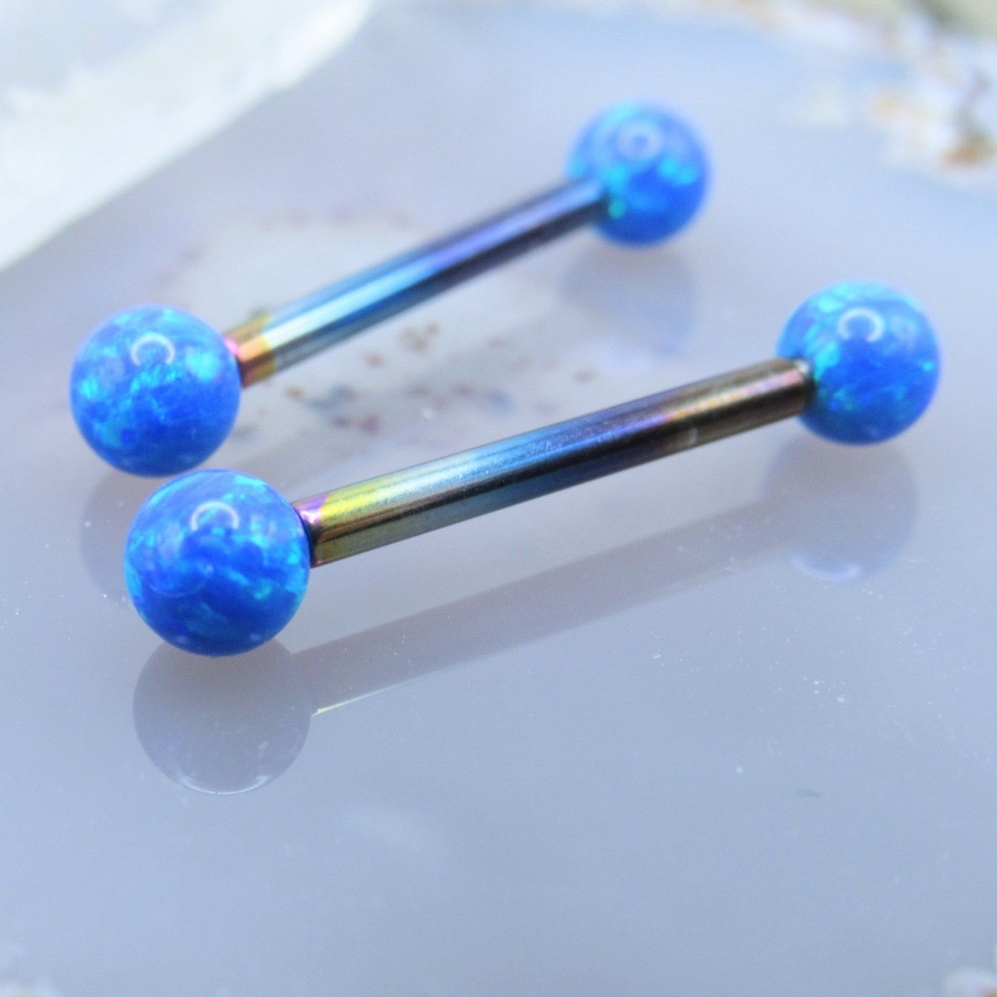 Titanium opal nipple piercing jewelry 14g-12g 4mm blue opal barbell set internally threaded pair - Siren Body Jewelry