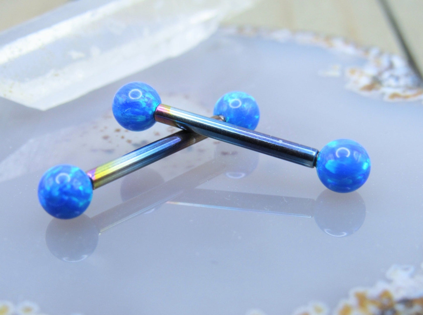 Titanium opal nipple piercing jewelry 14g-12g 4mm blue opal barbell set internally threaded pair - Siren Body Jewelry