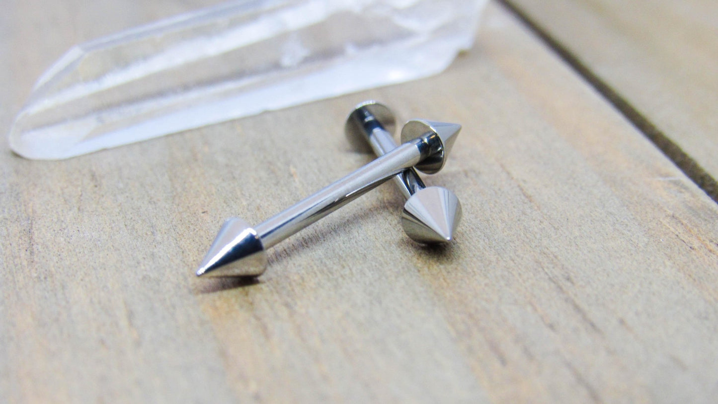 Titanium spike nipple barbells 14g-12g internally threaded straight bars hypoallergenic pick your length - SirenBodyJewelry