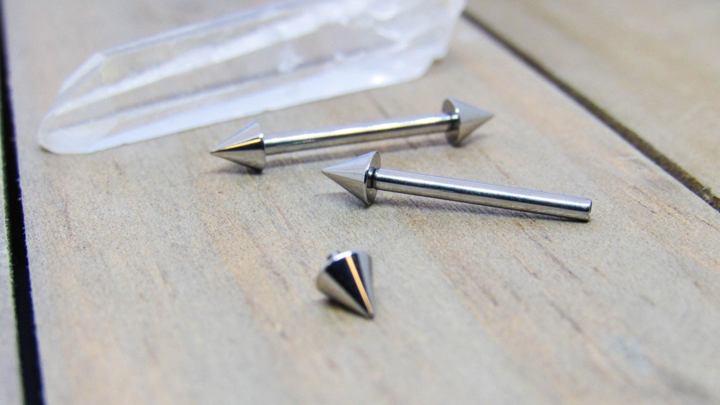 Titanium spike nipple barbells 14g-12g internally threaded straight bars hypoallergenic pick your length - SirenBodyJewelry