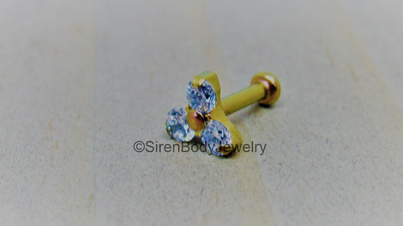 Triple gem cluster earring 18g-16g tragus piercing stud conch jewelry internally threaded hypoallergenic titanium - SirenBodyJewelry