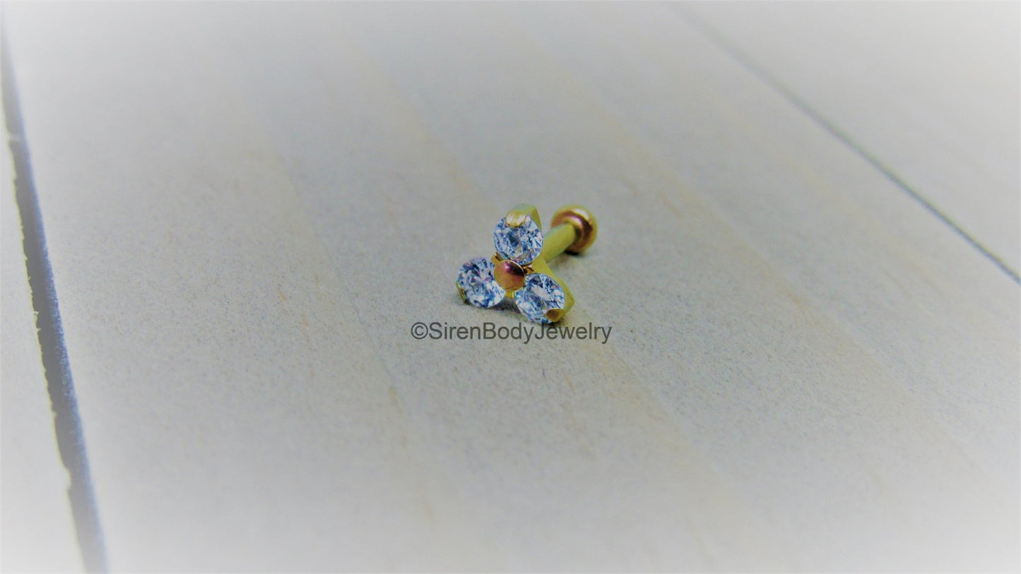 Triple gem cluster earring 18g-16g tragus piercing stud conch jewelry internally threaded hypoallergenic titanium - SirenBodyJewelry
