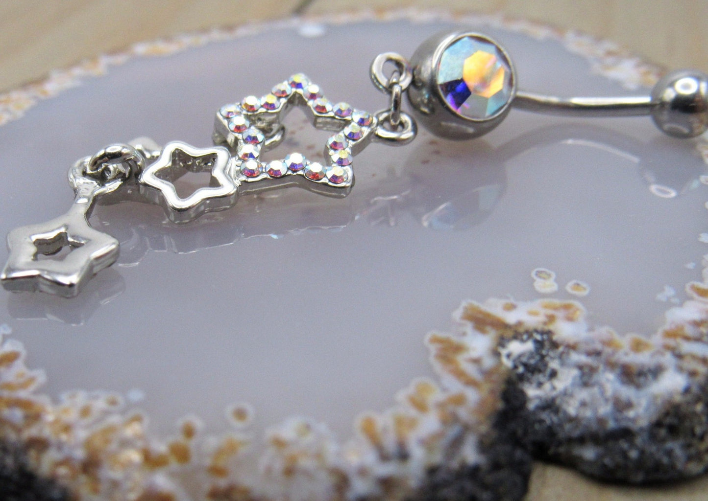 Triple star dangle belly button piercing jewelry 14g 3/8" silver stainless steel curved bar ab gemstones - Siren Body Jewelry