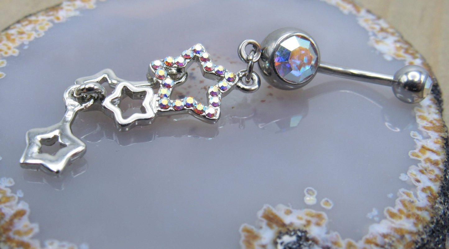 Triple star dangle belly button piercing jewelry 14g 3/8" silver stainless steel curved bar ab gemstones - Siren Body Jewelry