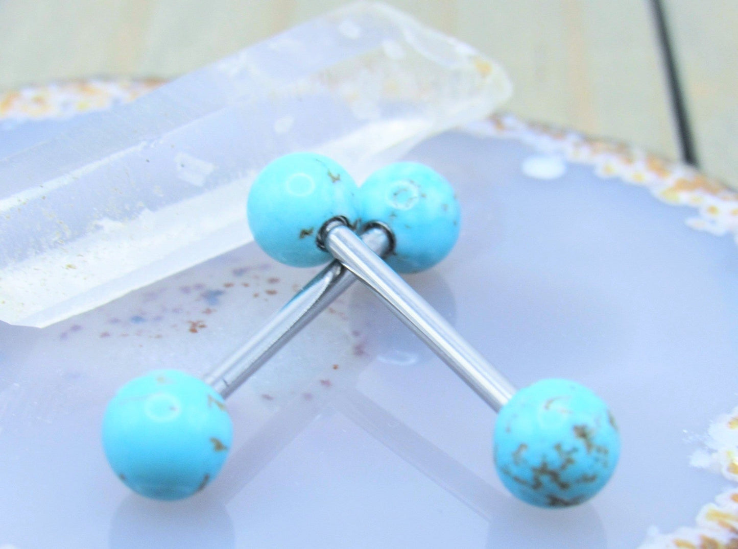 Turquoise nipple piercing barbell set 14g 5/8" length straight external bars - Siren Body Jewelry