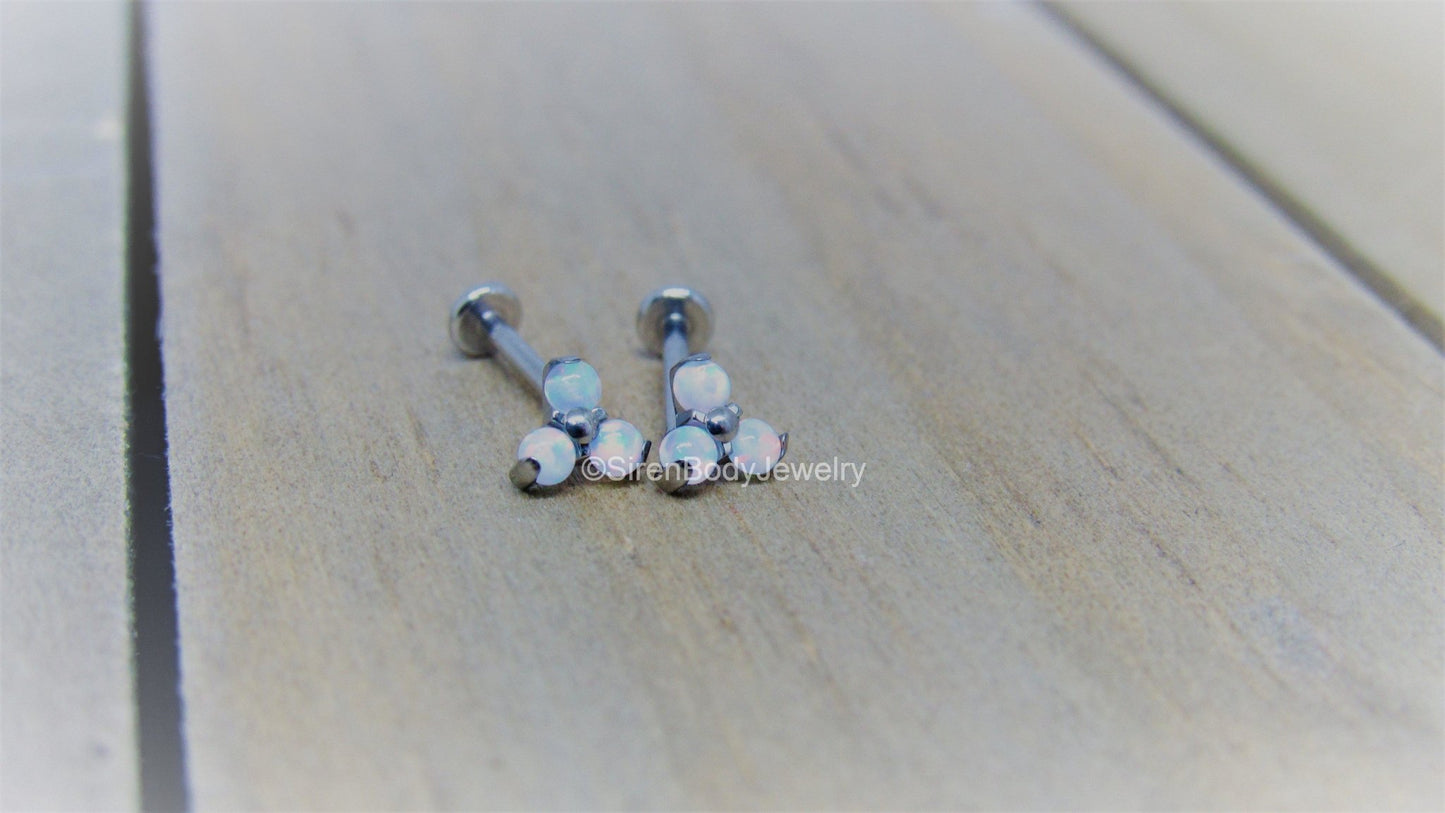 White opal cluster earrings 16g titanium flat back labret studs helix ear conch cartilage cluster earring - SirenBodyJewelry