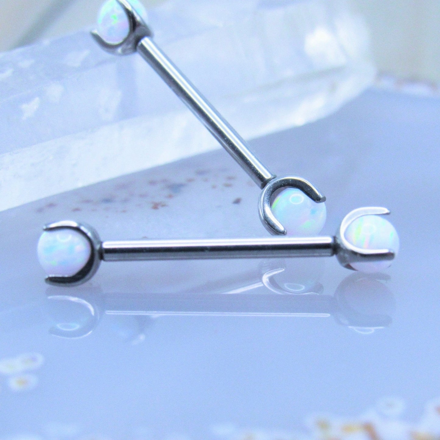 White Opal Nipple Piercing Jewelry Barbell Set Titanium - Siren Body Jewelry