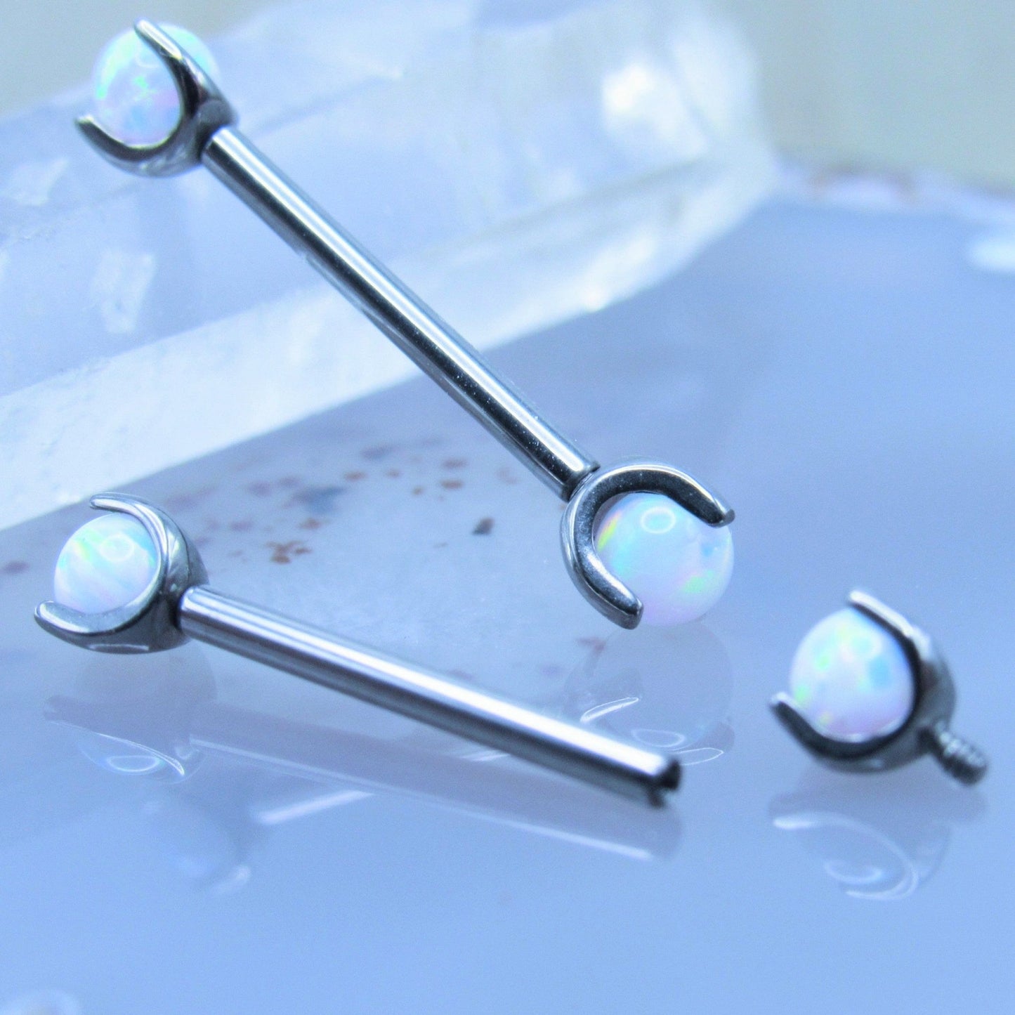 White Opal Nipple Piercing Jewelry Barbell Set Titanium - Siren Body Jewelry