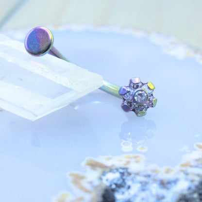 rainbow anodized flower gemstone j curved piercing barbell