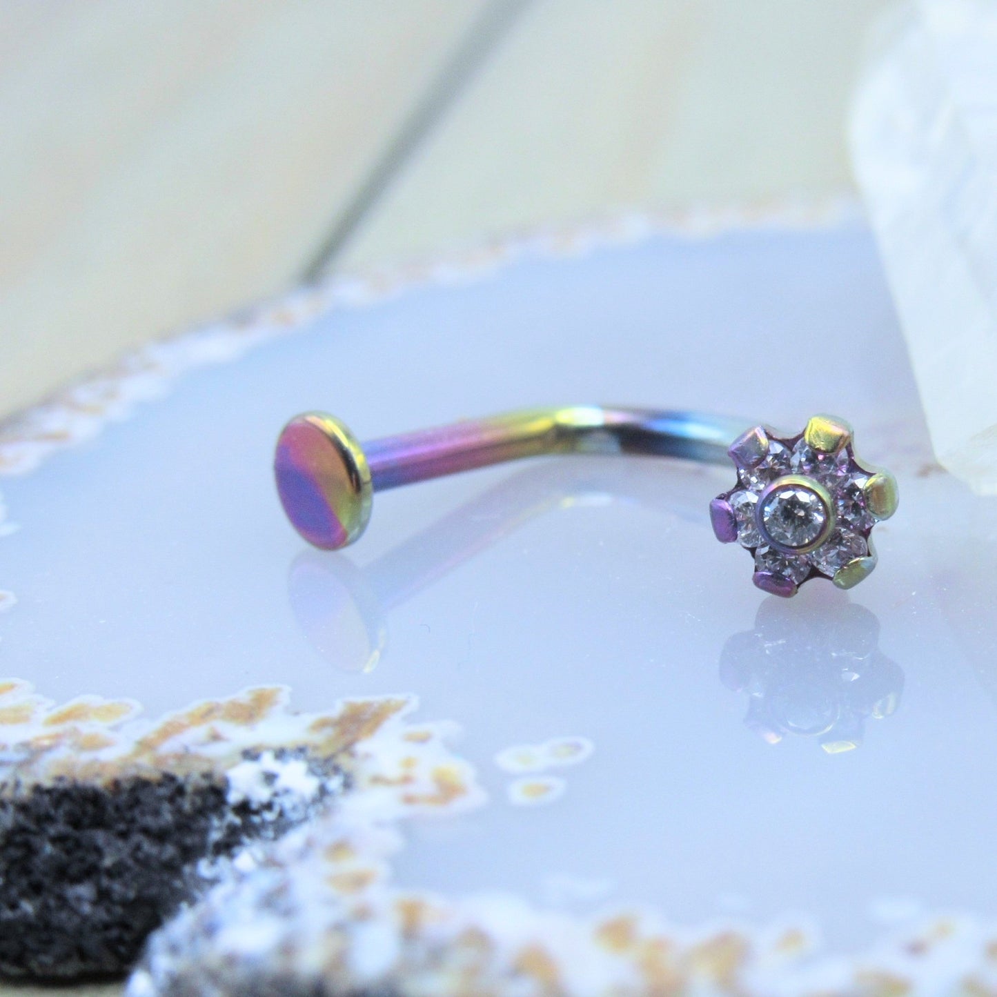 14g rainbow titanium anodized piercing barbell ring