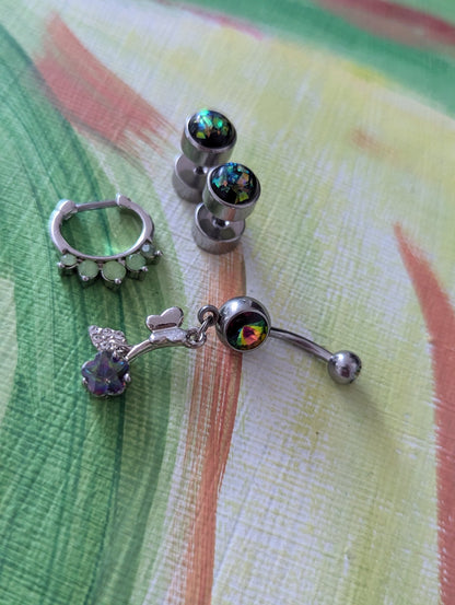 Elevate Your Body Jewelry Collection with This Stunning Green Set: Belly Ring, Fake Plugs, & Septum Clicker in 316L Stainless Steel - Siren Body Jewelry