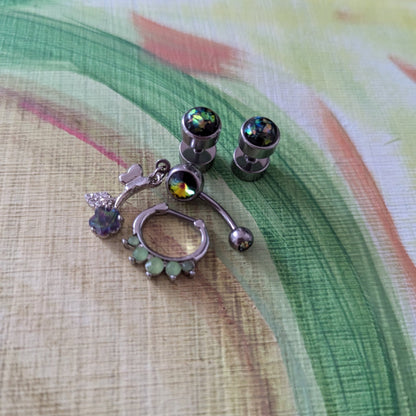 Elevate Your Body Jewelry Collection with This Stunning Green Set: Belly Ring, Fake Plugs, & Septum Clicker in 316L Stainless Steel - Siren Body Jewelry