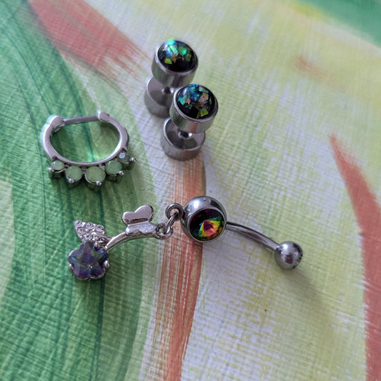 Elevate Your Body Jewelry Collection with This Stunning Green Set: Belly Ring, Fake Plugs, & Septum Clicker in 316L Stainless Steel - Siren Body Jewelry